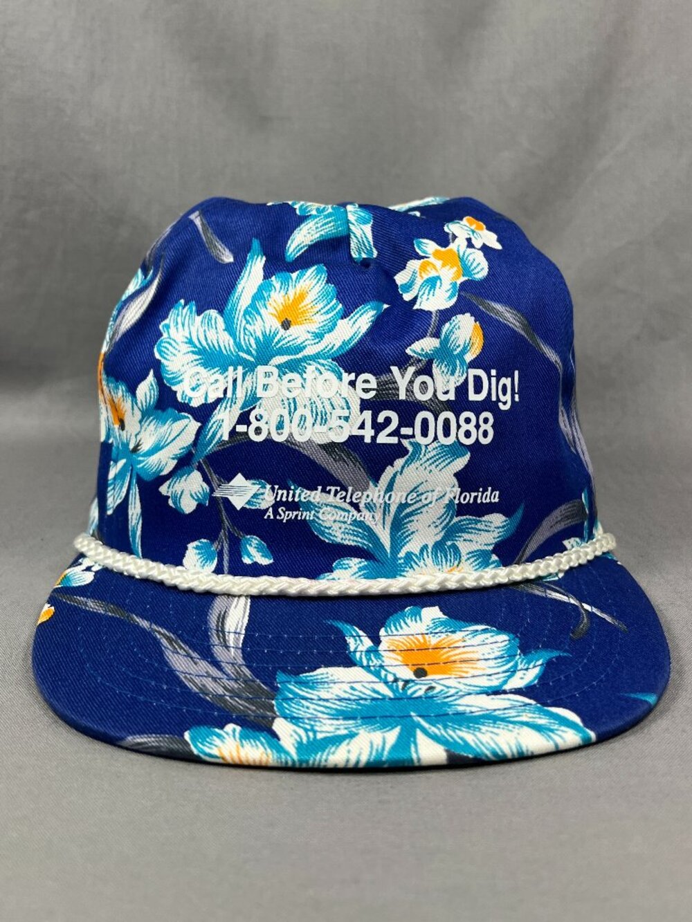 Vtg United Telephone Florida San Sun Snapback Hat Blue Hawaiian Floral Rope Mens